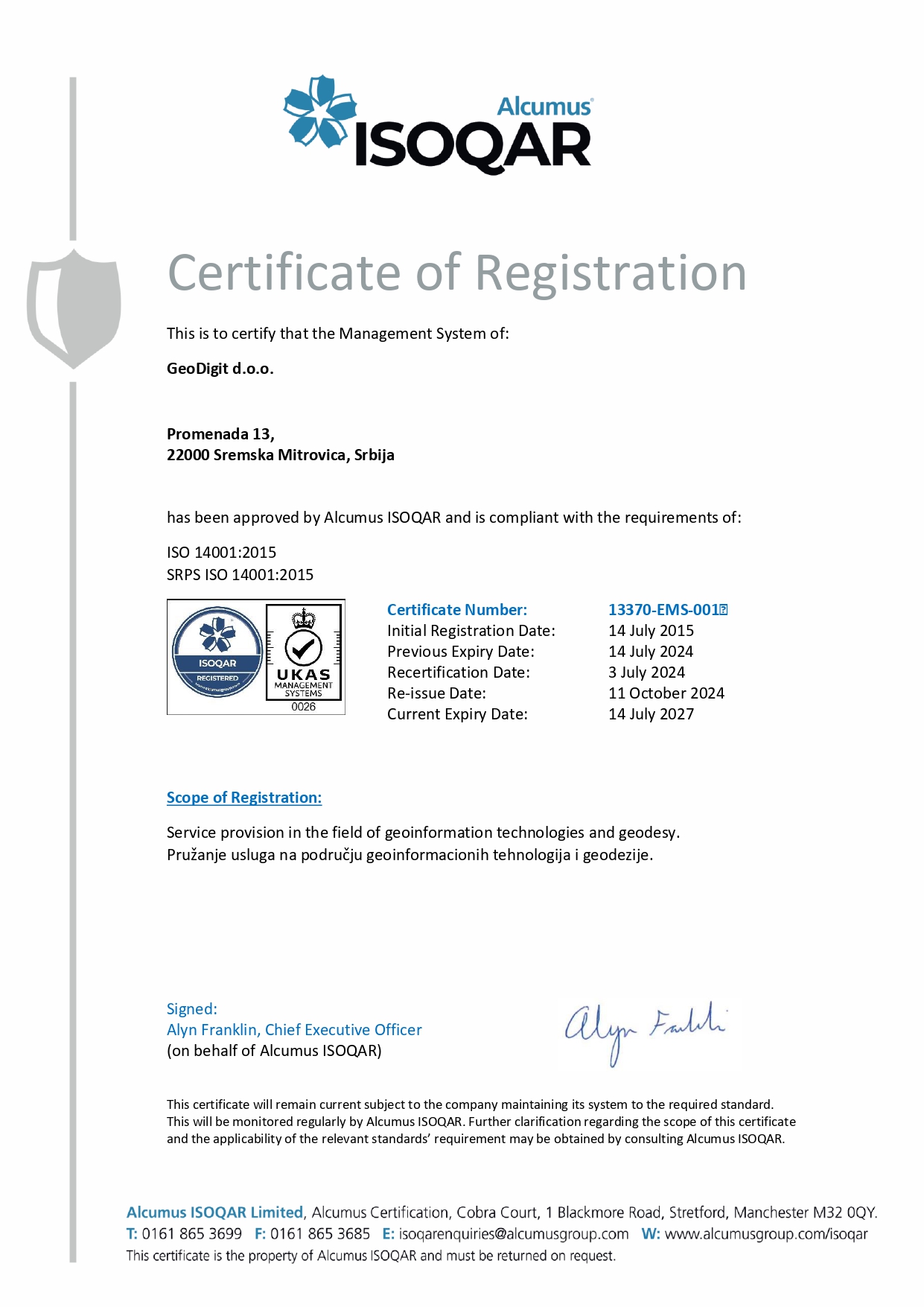 Certificate SRPS ISO 14001