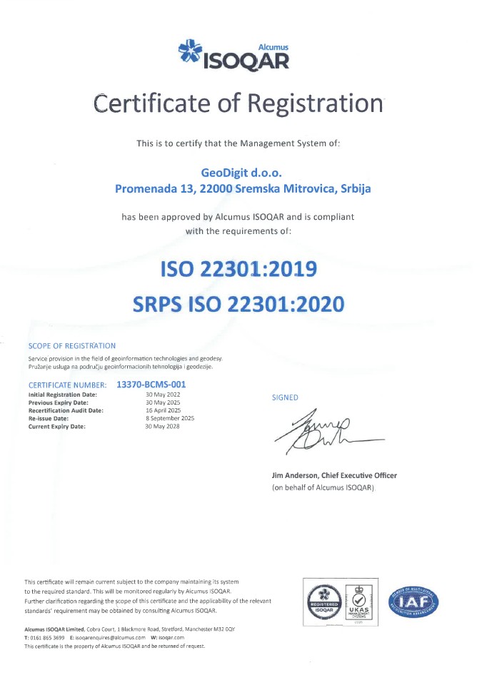 Certificate SRPS ISO 22301