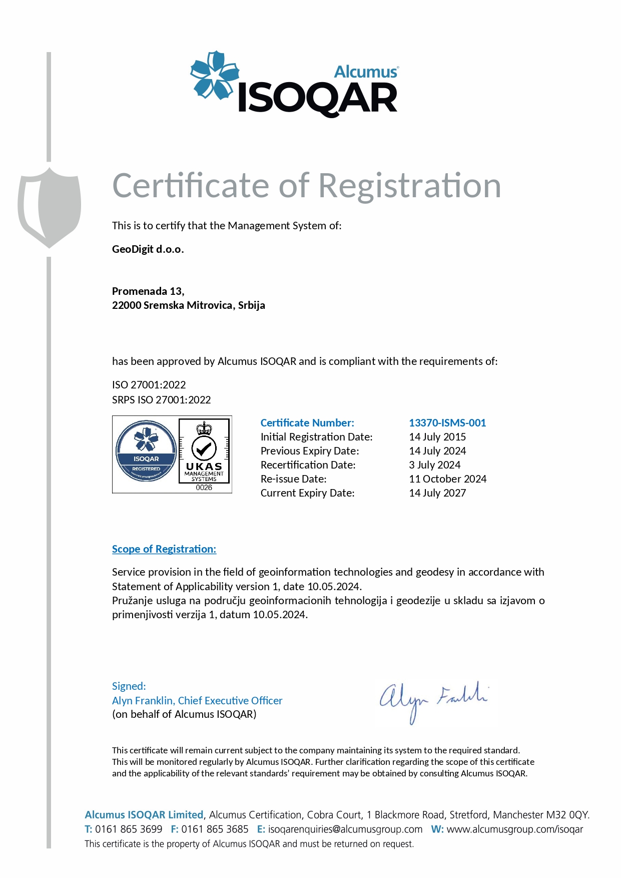 Certificate SRPS ISO 27001